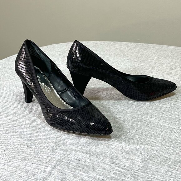 Michelangelo Black Sequin Pumps with a Satin Heel Size 7 1/2 M - Picture 1 of 9